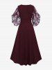Plus Size Flowers Print Heart Buckle Surplice Butterfly Sleeves Ribbed Textured Dress -  