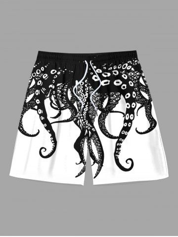 Plus Size Octopus Two Tone Print Hawaii Drawstring Beach Shorts For Men - BLACK - 3XL