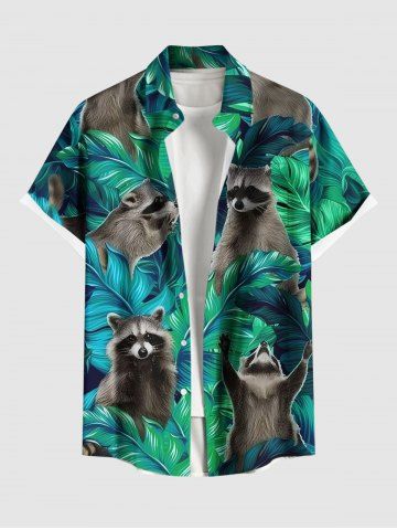 Plus Size Tropical Leaf Little Raccoon Print Buttons Pocket Hawaii Shirt For Men - DEEP GREEN - XL