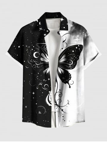 Chemise Boutonnée Imprimé Étoile Lune et Papillon à Deux Tons Grande Taille avec Poche pour Homme