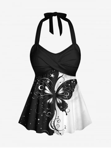 Moon Star Galaxy Butterfly Two Tone Print Hawaii Ombre Twist Halter Backless Tankini Top - BLACK - XS