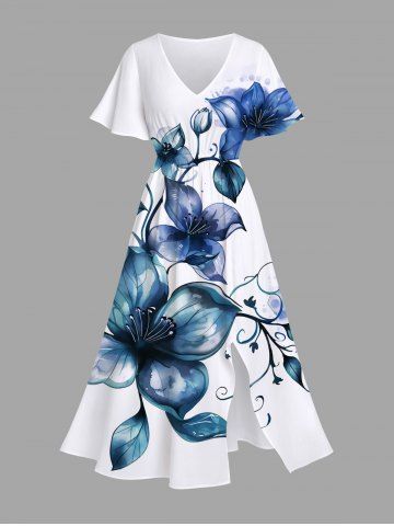 Plus Size Watercolor Floral Leaves Branch Print Hawaii Split Pocket A Line Midi Dress - WHITE - 1X