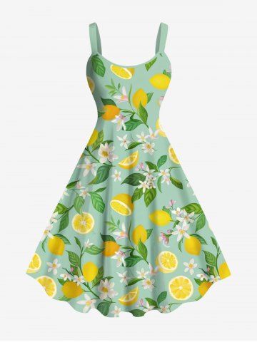 Plus Size Flower Leaf Lemon Print Hawaii Tank Dress - GREEN - M