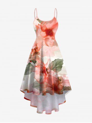 Plus Size Flowers Leaf Print High Low Hawaii Cami Dress - LIGHT PINK - 5X