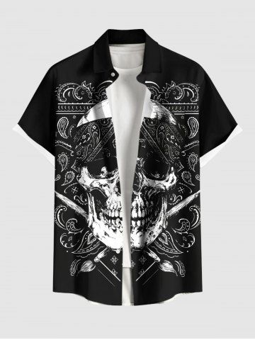 Plus Size Skull Paisley Geometric Graphic Print Hawaii Button Pocket Shirt For Men