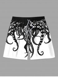 Short de Plage Hawaïen à Imprimé Pieuvre Deux-Tons avec Cordon de Serrage Grande-Taille pour Hommes - Noir 8XL