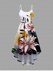 Robe Haute Basse Peinture Eclaboussée Fleur Feuille Contrasté Imprimée en Blocs de Couleurs de Grande Taille - Multi 6X