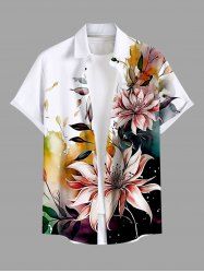Plus Size Paint Splatter Flowers Leaf Colorblock Print Buttons Pocket Hawaii Shirt For Men -  