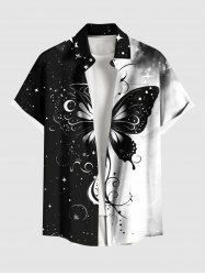 Chemise Boutonnée Imprimé Étoile Lune et Papillon à Deux Tons Grande Taille avec Poche pour Homme - Noir L
