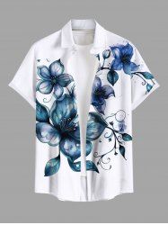 Plus Size Watercolor Floral Leaves Branch Print Hawaii Button Pocket Shirt For Men -  