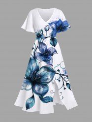 Plus Size Watercolor Floral Leaves Branch Print Hawaii Split Pocket A Line Midi Dress -  