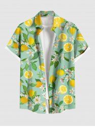Plus Size Flower Leaf Lemon Print Buttons Pocket Hawaii Shirt For Men -  