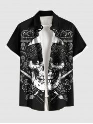 Chemise hawaïenne grande taille à imprimé géométrique cachemire et tête de mort avec poches boutonnées pour homme - Noir L