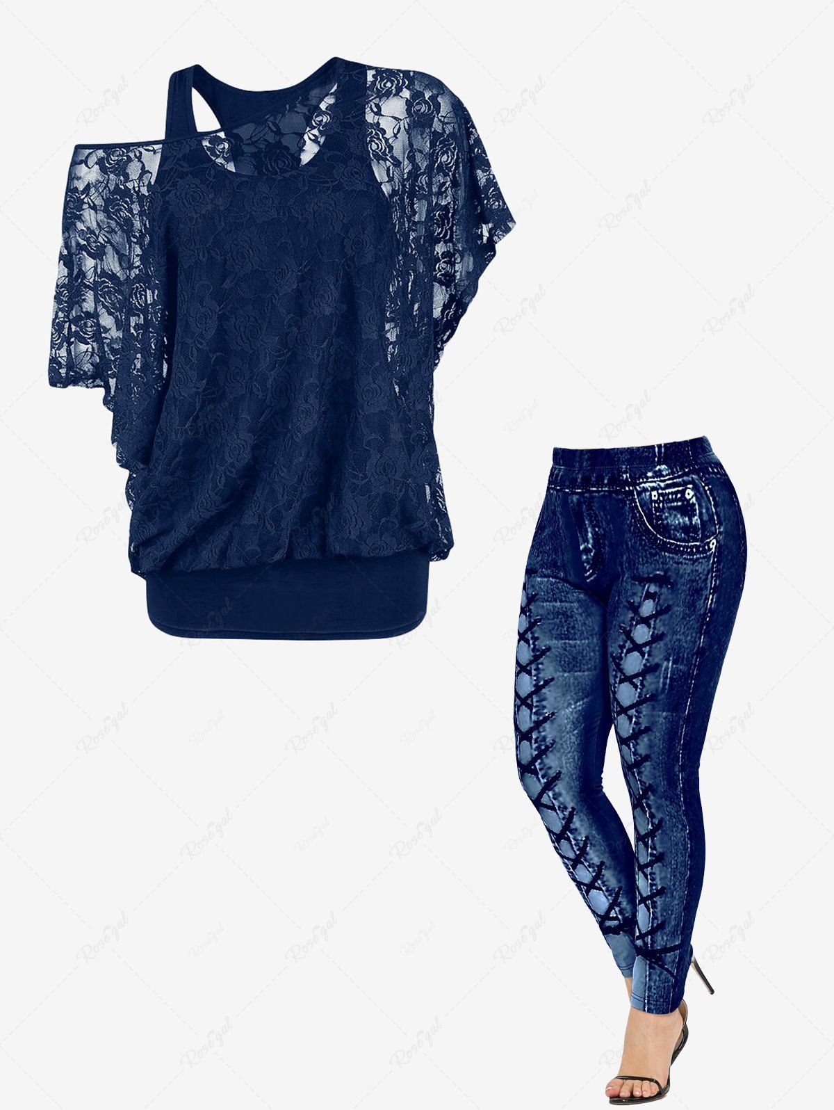 Affordable Skew Neck Lace Blouse and Racerback Tank Top and High Waisted 3D Print Leggings Plus Size Outfit  