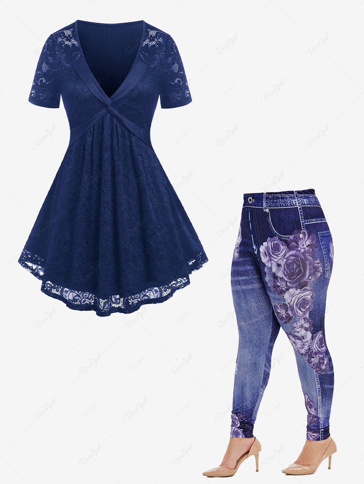 Legging de Gym Tordu en Avant Panneau en Dentelle Floral à Coupe Haute Grande Taille Bleu profond 