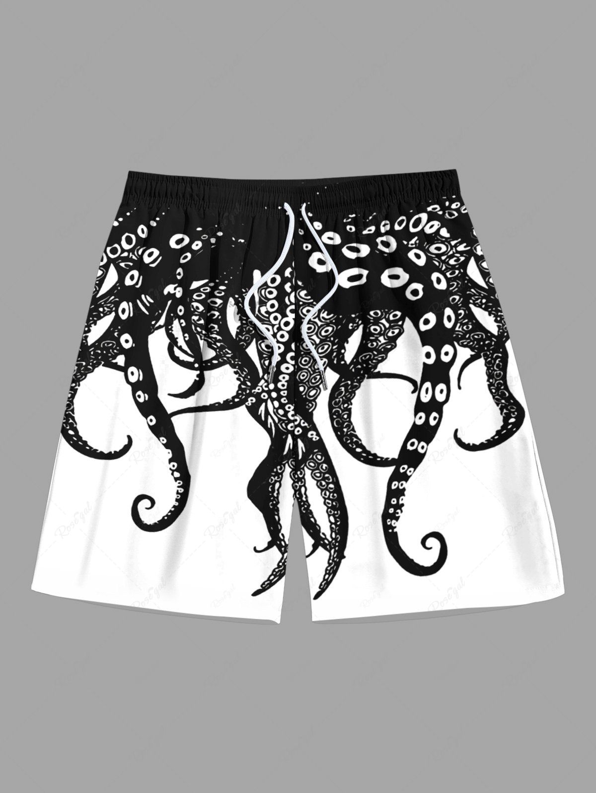 Short de Plage Hawaïen à Imprimé Pieuvre Deux-Tons avec Cordon de Serrage Grande-Taille pour Hommes Noir 8XL