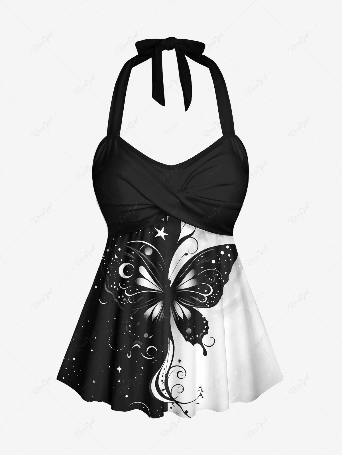 Haut de Tankini Tordu Ombré Papillon et Lune Imprimés sans Dos à Col Halter Noir 6X