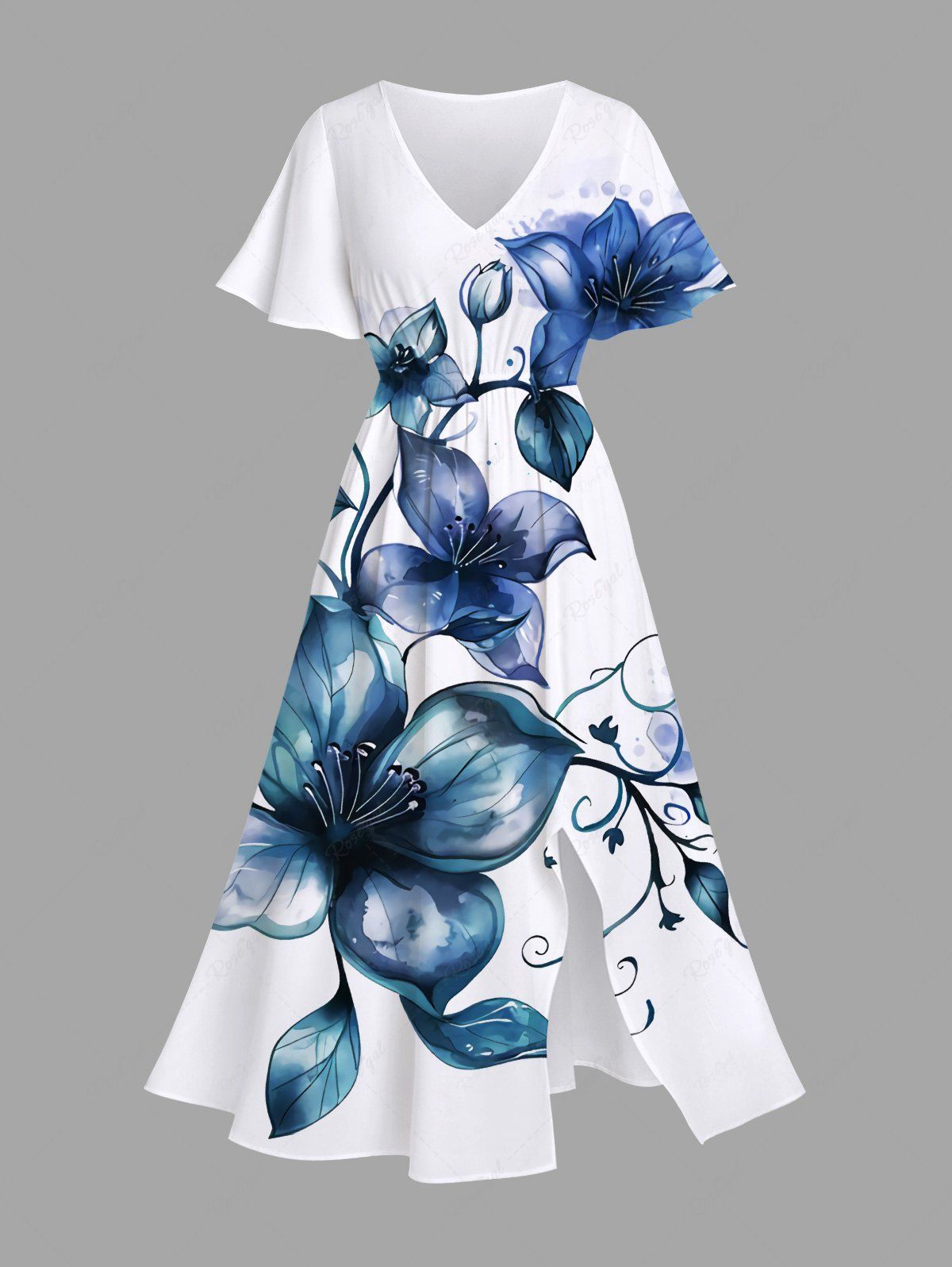 Robe Mi-Longue Linge A Fendue Feuille Fleur et Aquarelle Imprimés avec Poche de Grande Taille Blanc 6X