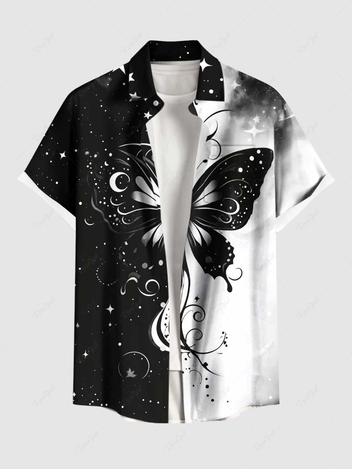 Chemise Boutonnée Imprimé Étoile Lune et Papillon à Deux Tons Grande Taille avec Poche pour Homme Noir L