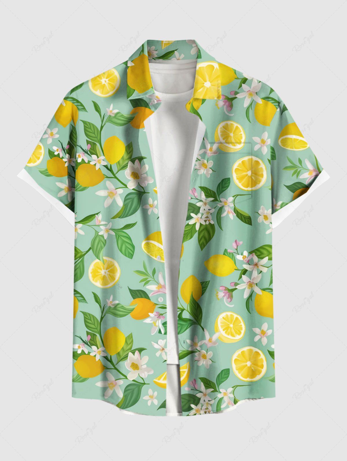 Discount Plus Size Flower Leaf Lemon Print Buttons Pocket Hawaii Shirt For Men  