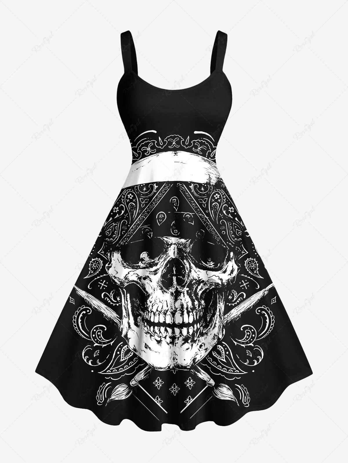 Robe débardeur trapèze hawaïenne grande taille à imprimé géométrique cachemire et tête de mort Noir XS