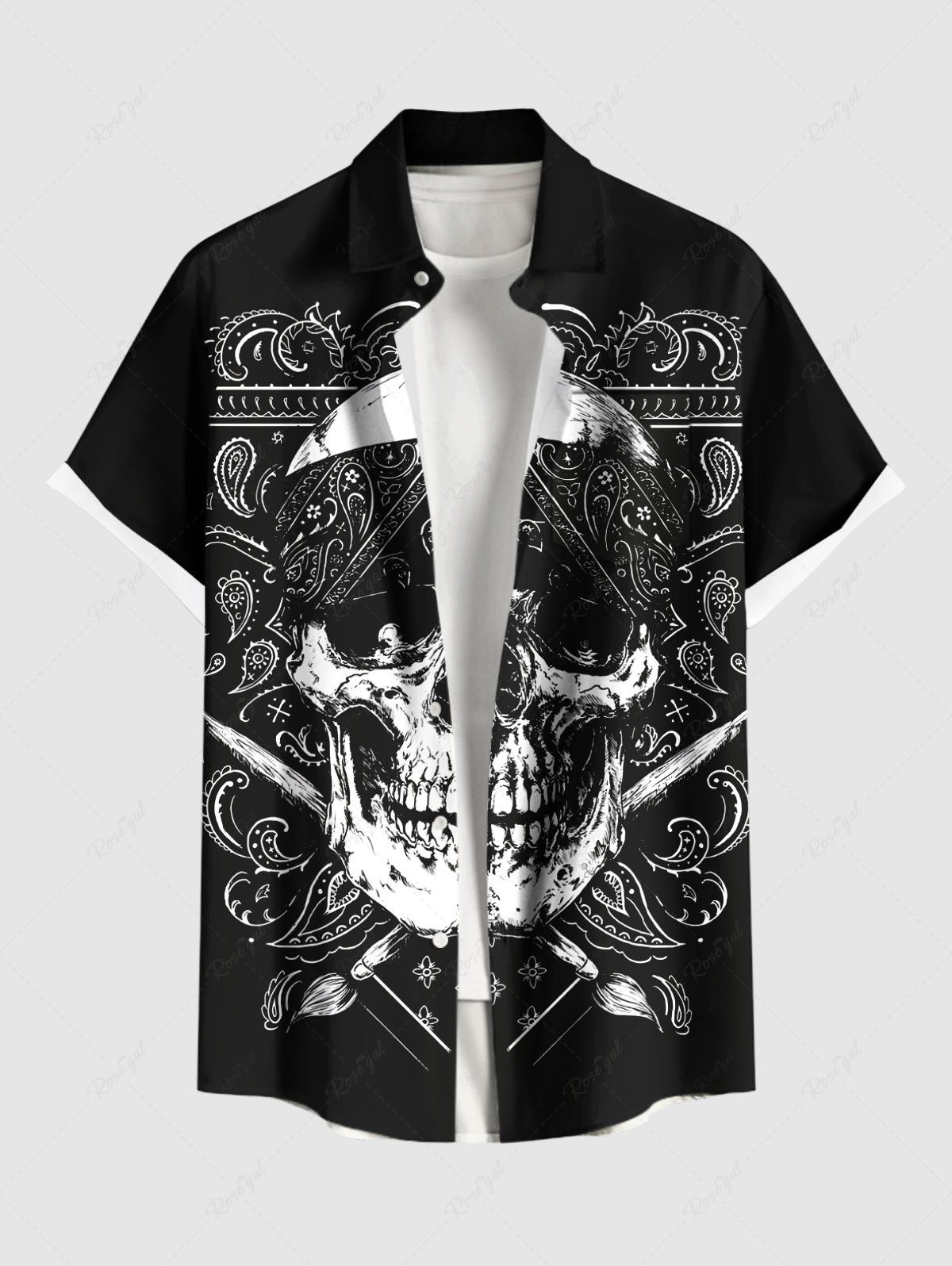 Outfits Plus Size Skull Paisley Geometric Graphic Print Hawaii Button Pocket Shirt For Men  