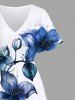 Plus Size Watercolor Floral Leaves Branch Print Hawaii Split Pocket A Line Midi Dress -  