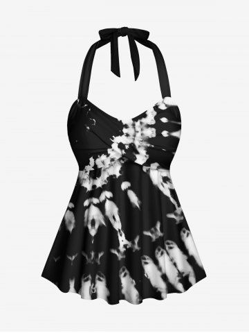 Plus Size Tie Dye Ombre Print Hawaii Twist Halter Backless Tankini Top - BLACK - L