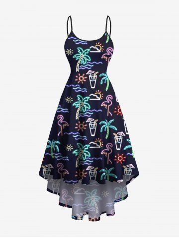 Plus Size Coconut Tree Flamigo Sun Sea Waves Juice Neon Print High Low Hawaii Cami Dress - BLACK - 1X