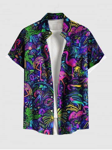 Plus Size Colorful Flamingo Coconut Tree Print Buttons Pocket Hawaii Shirt For Men - MULTI - 3XL