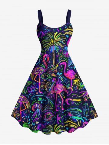 Plus Size Colorful Flamingo Coconut Tree Print Hawaii Tank Dress - MULTI - XS