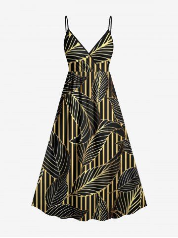 Plus Size Metallic Leaf Stripes Print Surplice Hawaii Cami Dress - BLACK - XS