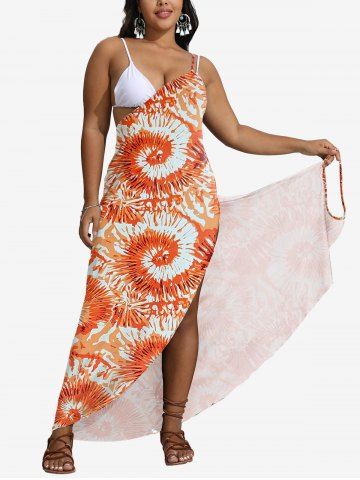 Plus Size Spiral Tie Dye Print Convertible Asymmetric Beach Cover Up - ORANGE - L