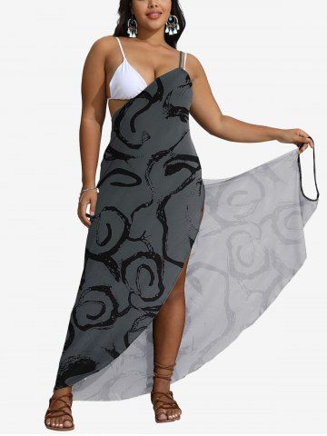 Plus Size Calligraphy Graffiti Print Convertible Asymmetric Beach Cover - BLACK - L