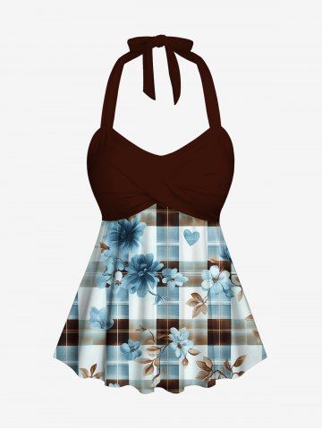 Floral Leaf Branch Plaid Print Hawaii Twist Halter Backless Tankini Top - BLUE - S