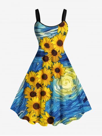 Plus Size Spiral Painting Sunflower Print Hawaii A Line Tank Dress - BLUE - 1X