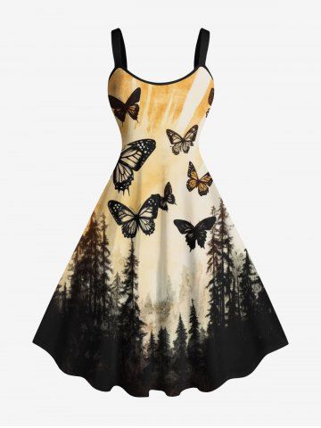 Plus Size Tree Forest Butterfly Sunset Ombre Print Hawaii A Line Tank Dress - ORANGE - 4X