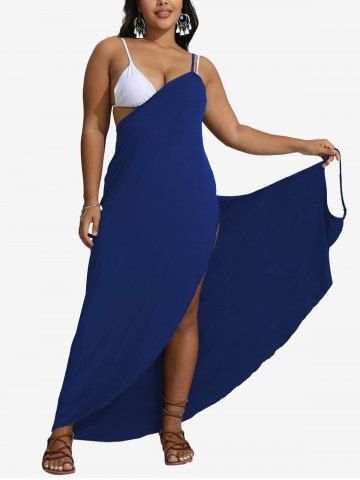 Plus Size Solid Convertible Asymmetric Wrap Backless Beach Cover - DEEP BLUE - 2XL