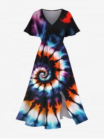 Plus Size Colorful Spiral Tie Dye Print Hawaii Split Pocket A Line Midi Dress - MULTI - 6X