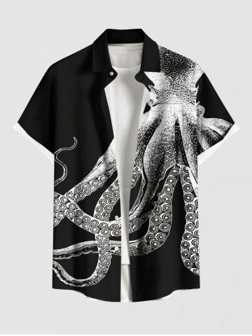 Chemise hawaïenne à poche boutonnée, imprimé pieuvre ombré grande taille pour hommes - BLACK - 2XL