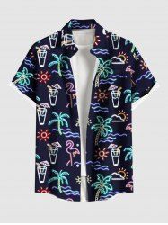 Plus Size Coconut Tree Flamigo Sun Sea Waves Juice Neon Print Buttons Pocket Hawaii Shirt For Men -  