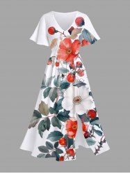 Plus Size Flowers Leaf Print Split Hawaii Midi Dress -  