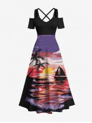 Plus Size Coconut Tree Seascape Sun Boat Colorful Cloud Print Cold Shoulder Crisscross Hawaii Maxi Dress -  