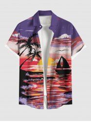 Plus Size Coconut Tree Seascape Sun Boat Colorful Cloud Print Buttons Pocket Hawaii Shirt For Men -  