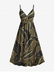 Plus Size Metallic Leaf Stripes Print Surplice Hawaii Cami Dress - Noir 5X