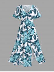Robe Cache-Coeur Mi-longue à Imprimé Feuille Tropicale Grande Taille - Bleu 6X