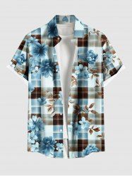 Plus Size Floral Leaf Branch Plaid Print Hawaii Button Pocket Shirt For Men -  