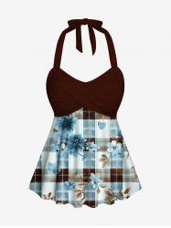 Haut de Tankini Tordu Fleuri Feuille Imprimée à Carreaux sans Dos à Col Halter - Bleu 6X
