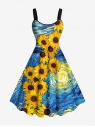 Plus Size Spiral Painting Sunflower Print Hawaii A Line Tank Dress -  