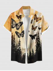 Plus Size Tree Forest Butterfly Sunset Ombre Print Hawaii Button Pocket Shirt For Men -  